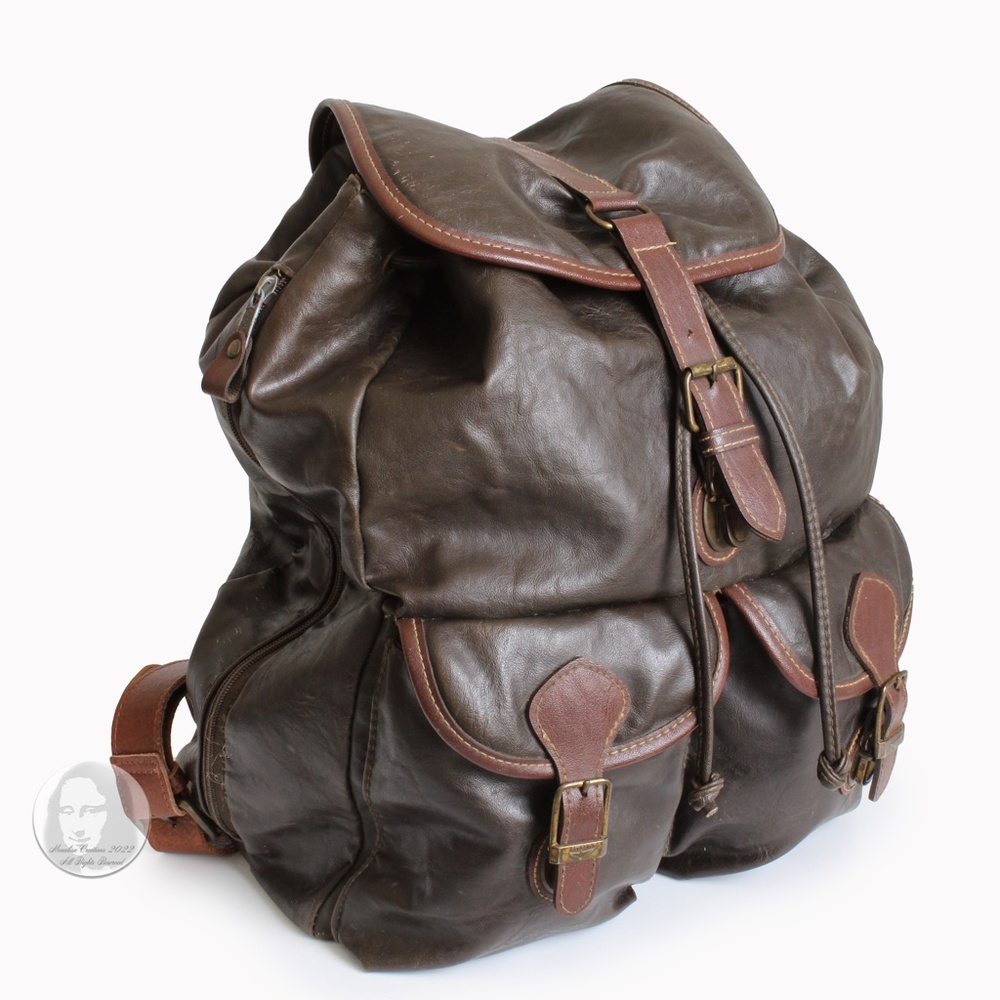Capezio Backpack Rucksack Brown Leather Trim Large Sling Bag Vintage 80s HTF